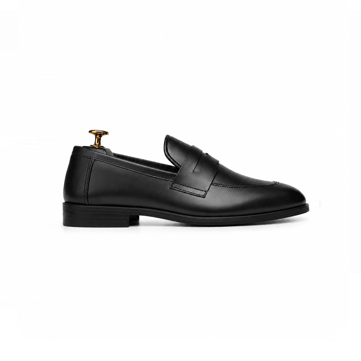 Black leather penny loafer, side profile