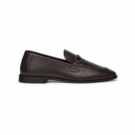 Brown leather penny loafer, side profile