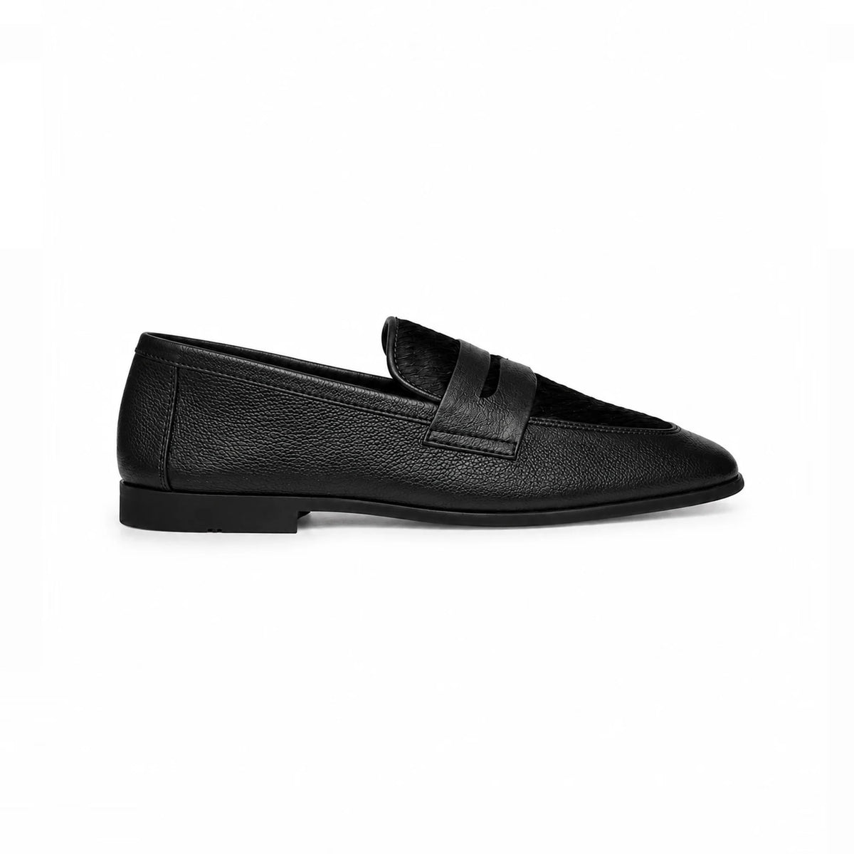 Black leather slip-on loafer, side profile