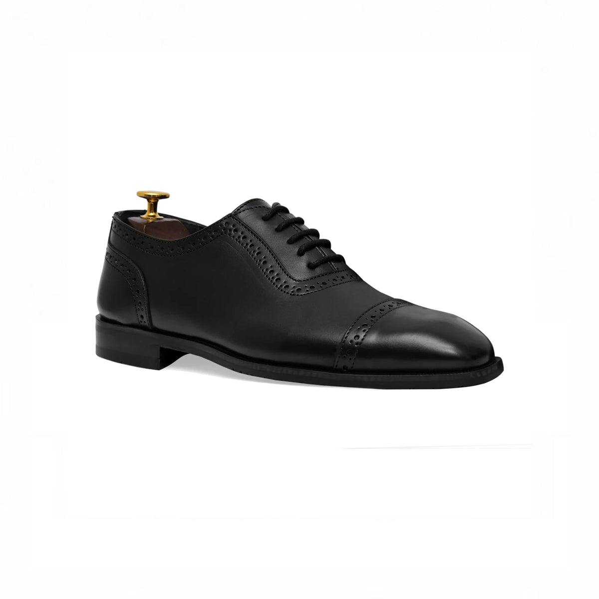 Black cap-toe oxford, angled view