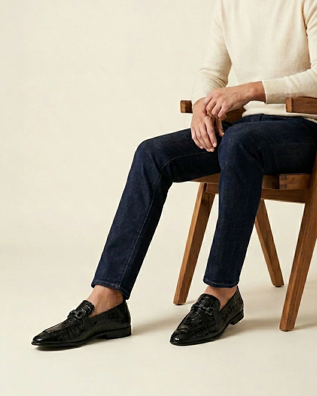 Black croc-embossed loafer styled shot