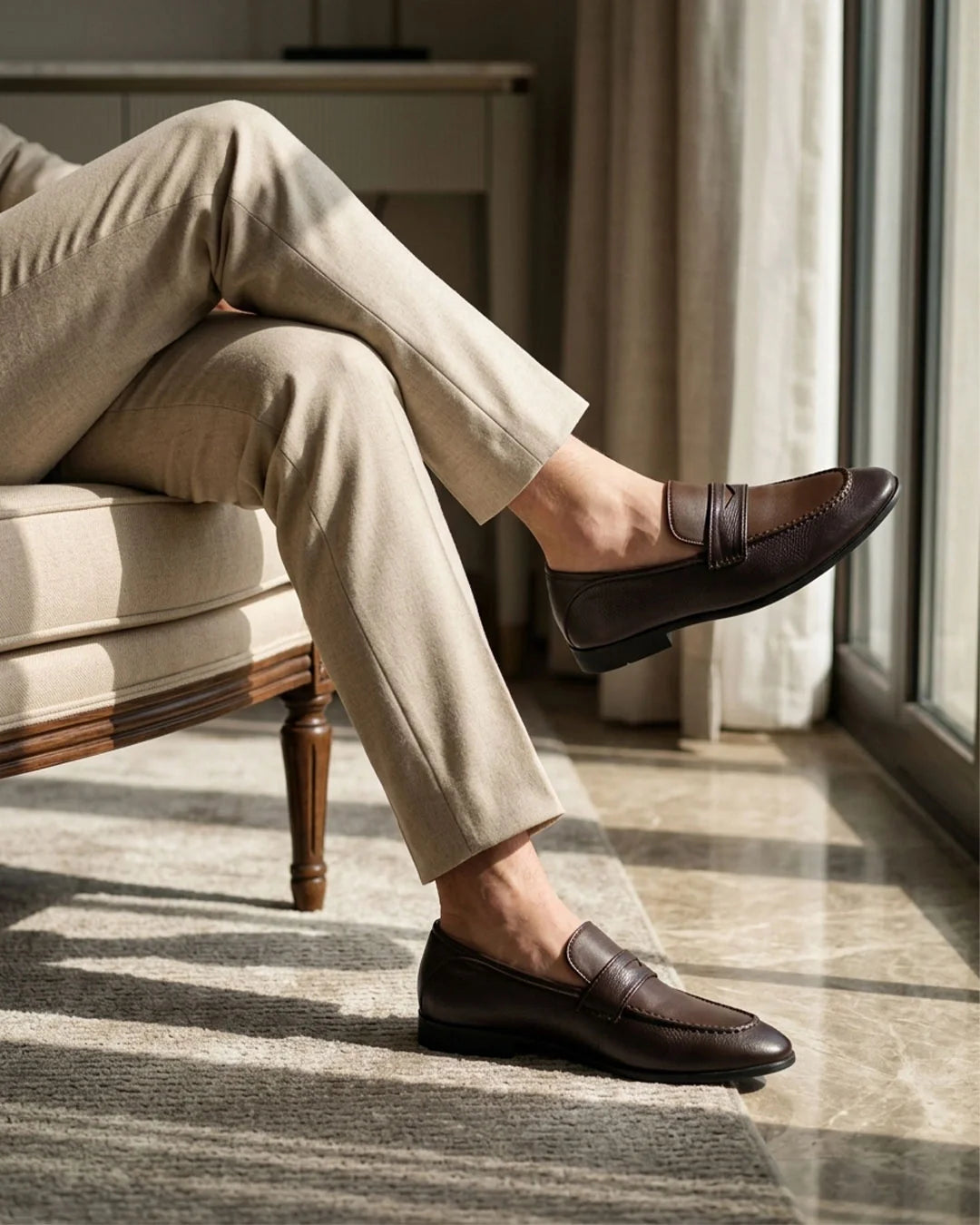 Dark brown penny loafer styled shot