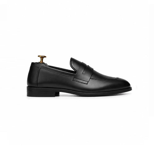 Black leather penny loafer, side profile
