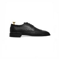 Black woven brogue oxford, side profile