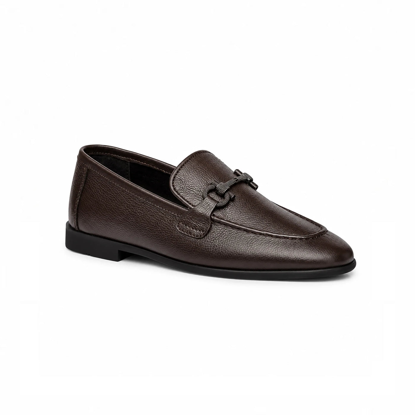 Brown penny loafer, angled view
