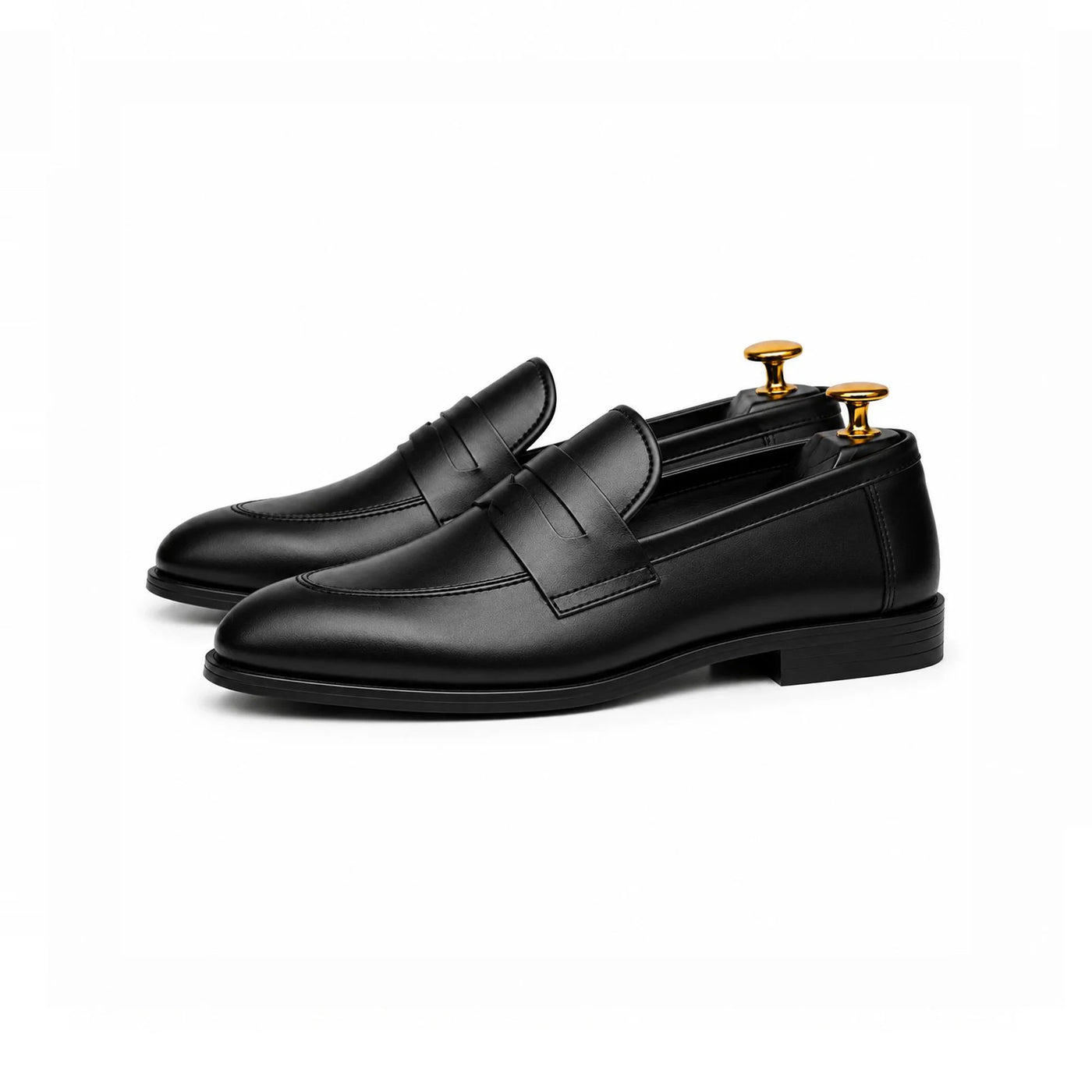 Black penny loafer, rear quarter view