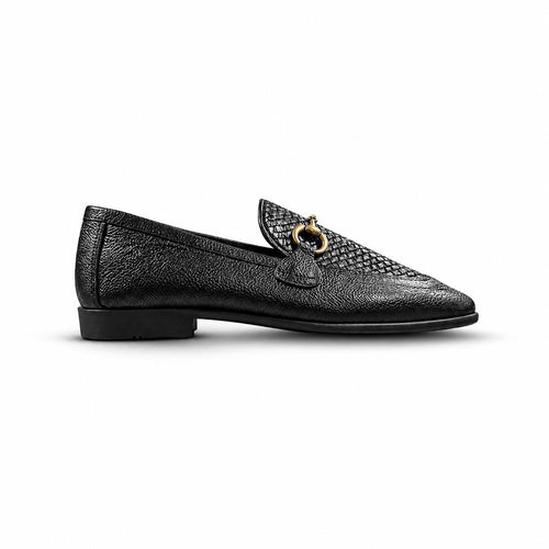 Black woven leather slip-on, side profile