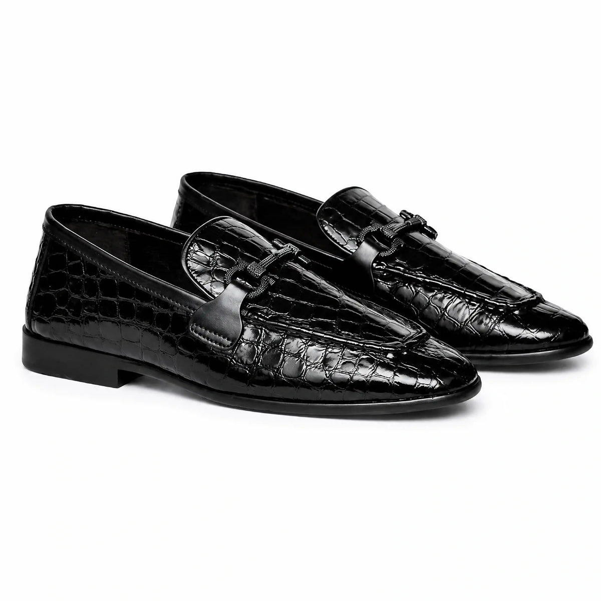 Black croc-embossed loafer, angled view