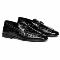 Black croc-embossed loafer, angled view