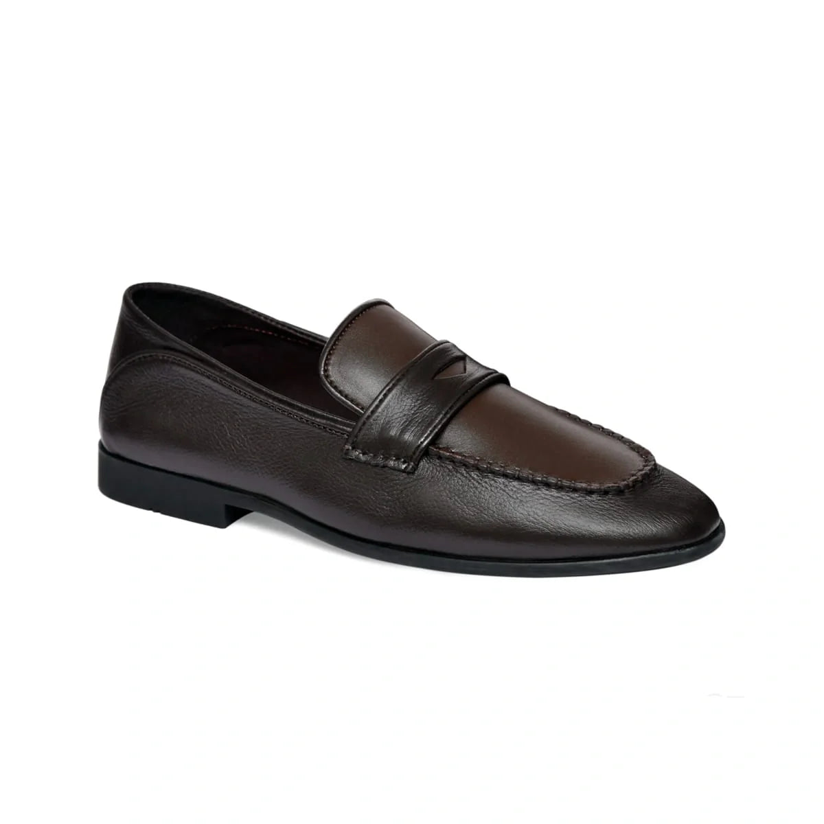 Dark brown penny loafer, angled view
