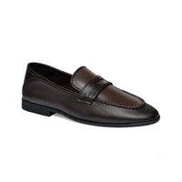 Dark brown penny loafer, angled view
