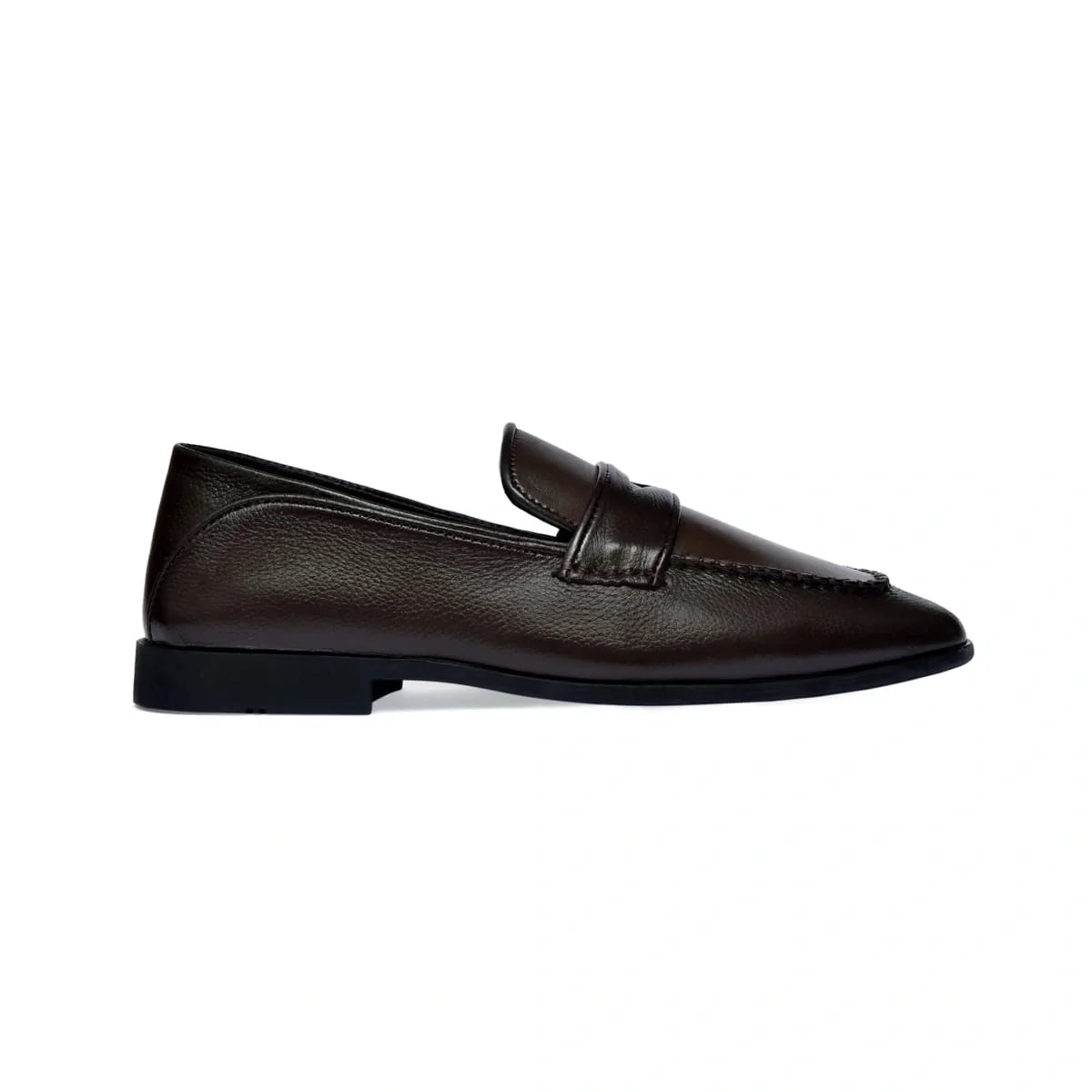 Dark brown penny loafer, side profile